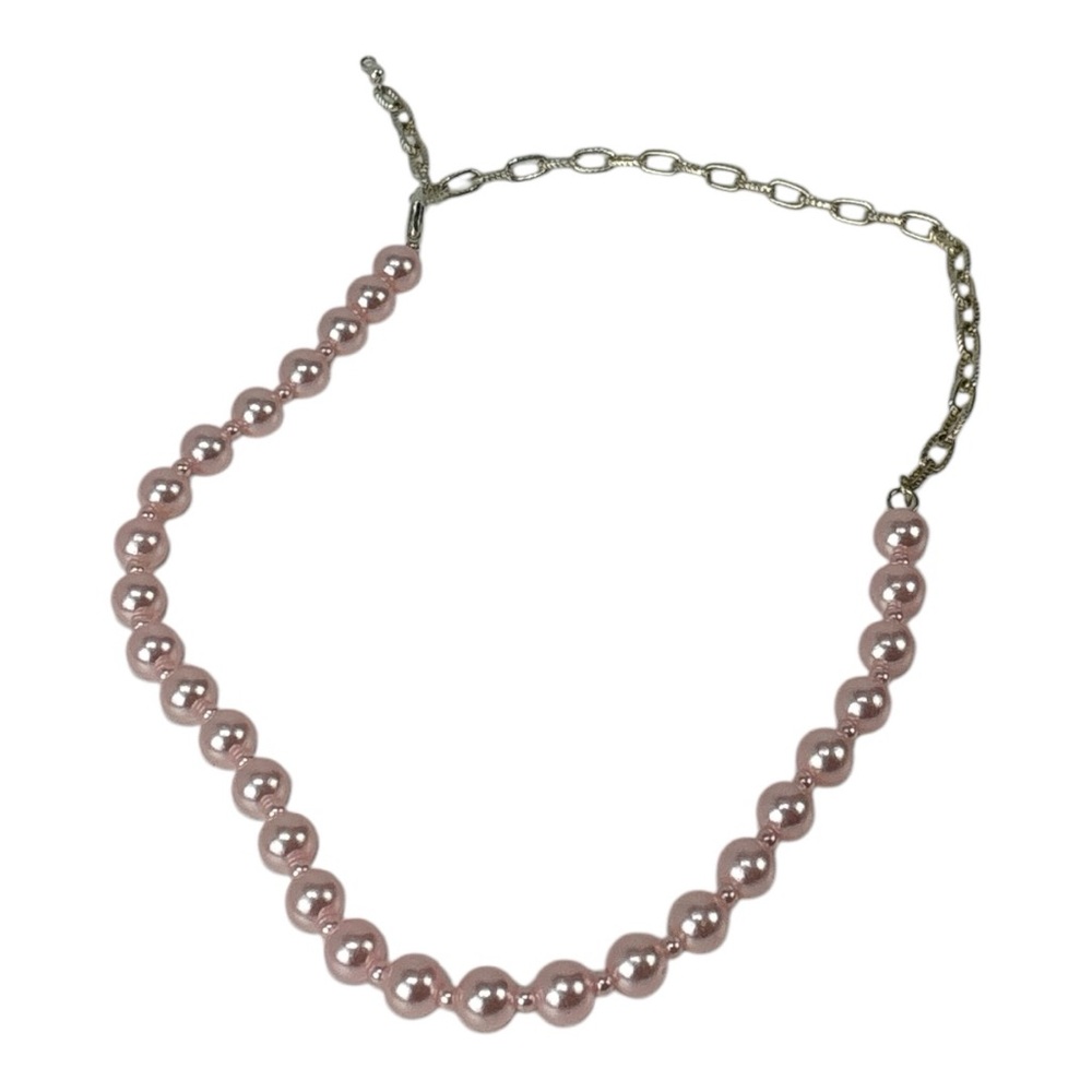 Elegant Pink faux Pearl Necklace with silvertone chain